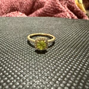 14K Gold Ring with Peridot Center and Diamond Halo - Green Gemstone